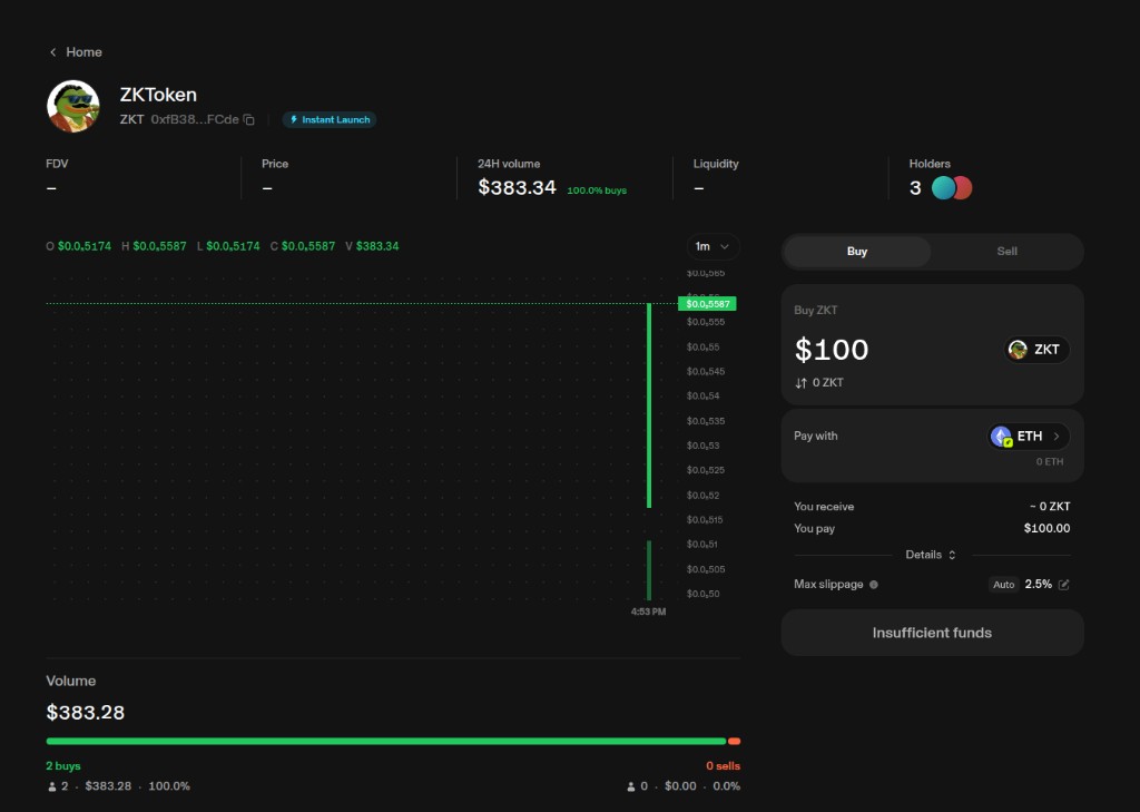 ZKToken Instant Launch trading page on pools.trade